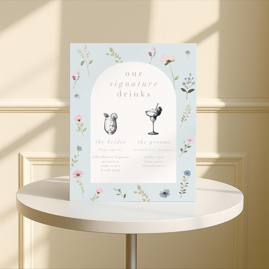 Floral Wedding Bar Sign – Bar Menu, Signature Drinks, Personalised sign, Luxury Sign, Wedding trends – Made to order & designed in the UK