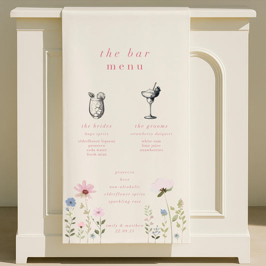 Personalised Ditsy Floral Fabric Wedding Bar Sign – Fabric Sign, Signature drinks, Vintage, Bar Menu - Made to order & designed in the UK