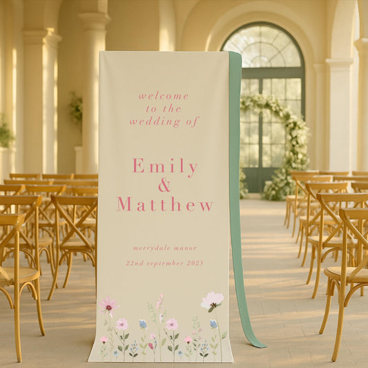 Ditsy Floral Fabric Wedding Welcome Sign – Canvas sign, Fabric Sign, Vintage, Luxury, Persoanlsied Sign – Made to order & designed in the UK