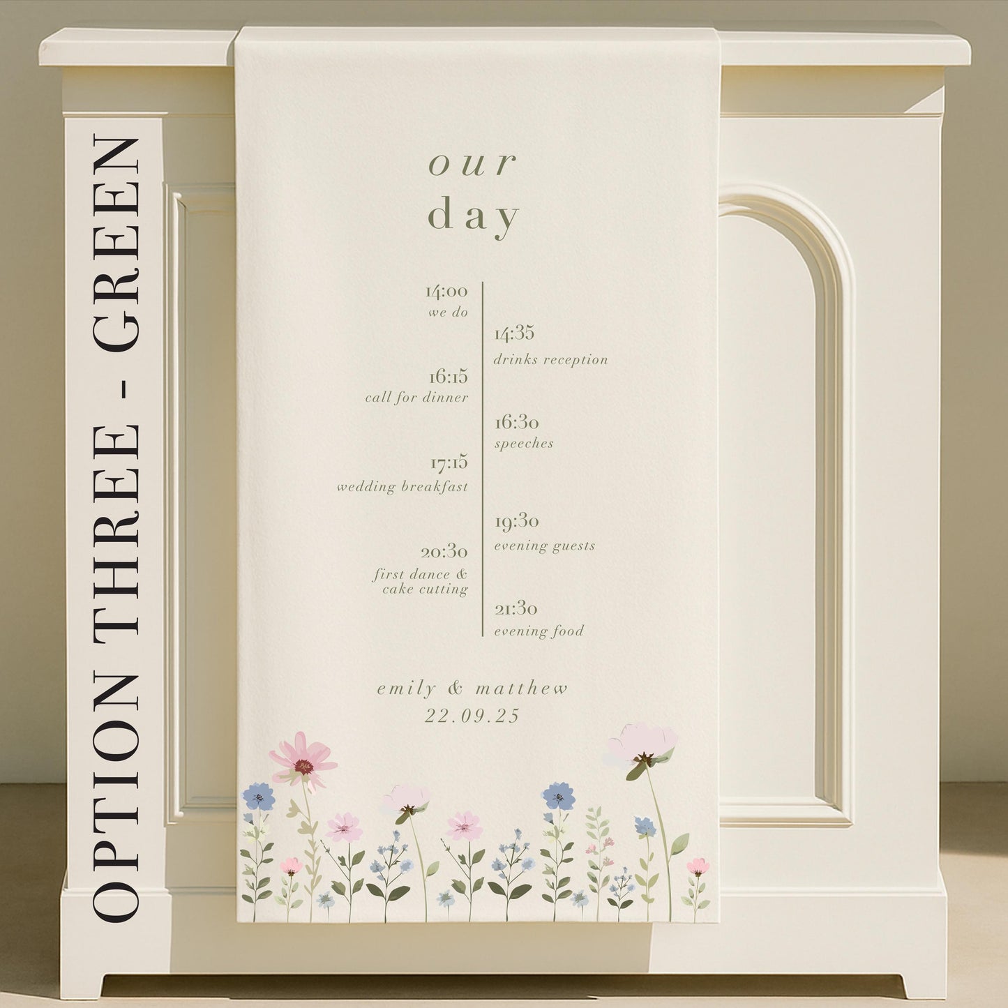 Ditsy Floral Fabric Wedding Timeline Sign – Canvas sign, Fabric Sign, Personalised, Order of the day – Made to order & designed in the UK