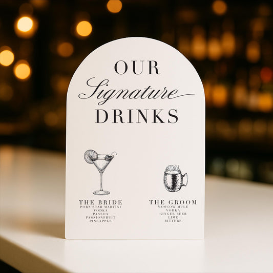 Personalised Minimalist Arched Wedding Bar Sign: Print at Home Digital Download – Signature Drinks, Bar Menu, Wedding Menu, His & Hers, Luxury Sign – Designed in the UK