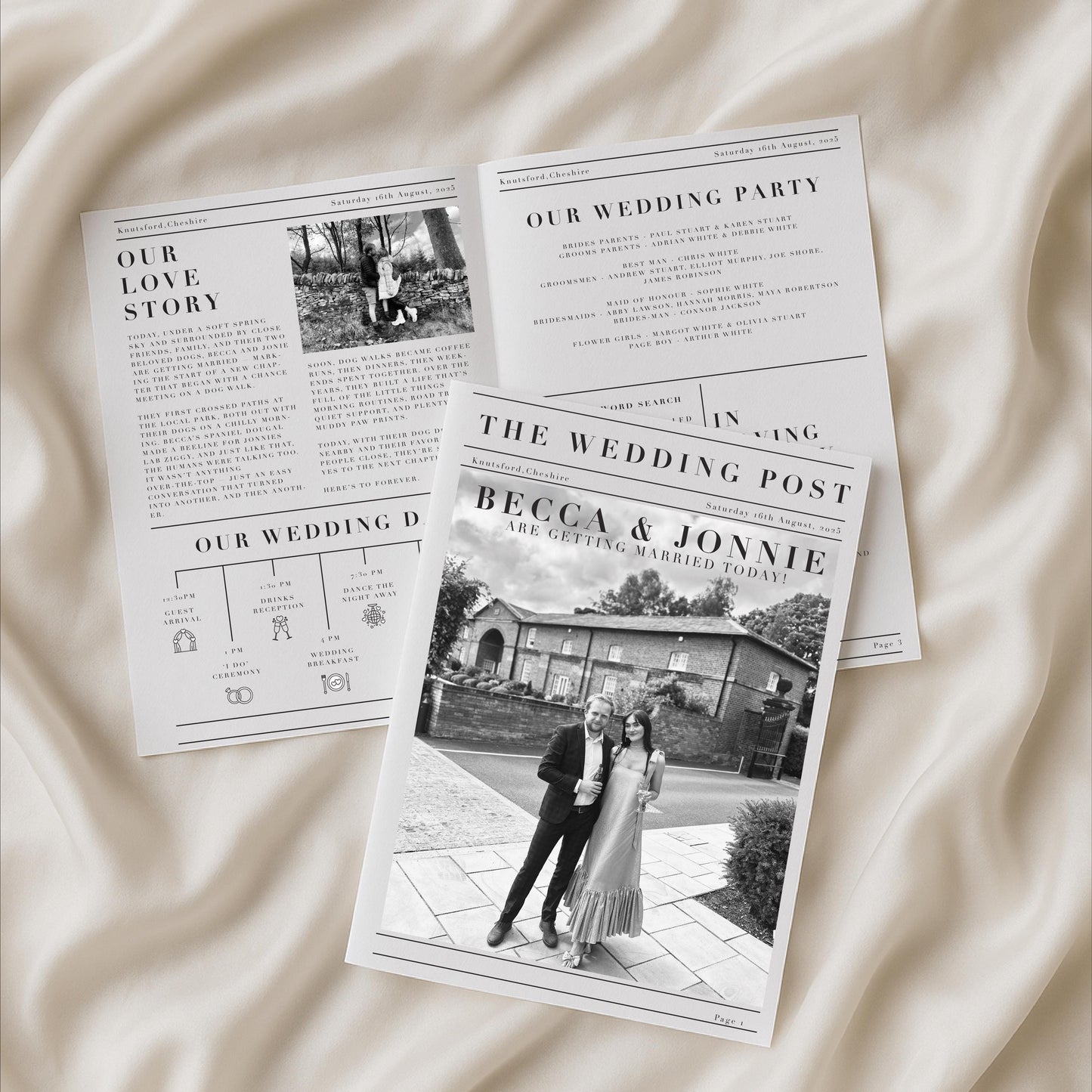 Personalised Wedding Newspaper - Wedding Favour, Order of the Day, Wedding Activity - Modern Aesthetic - Made to order & designed in the UK