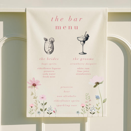 Personalised Ditsy Floral Fabric Wedding Bar Sign – Fabric Sign, Signature drinks, Vintage, Bar Menu - Made to order & designed in the UK