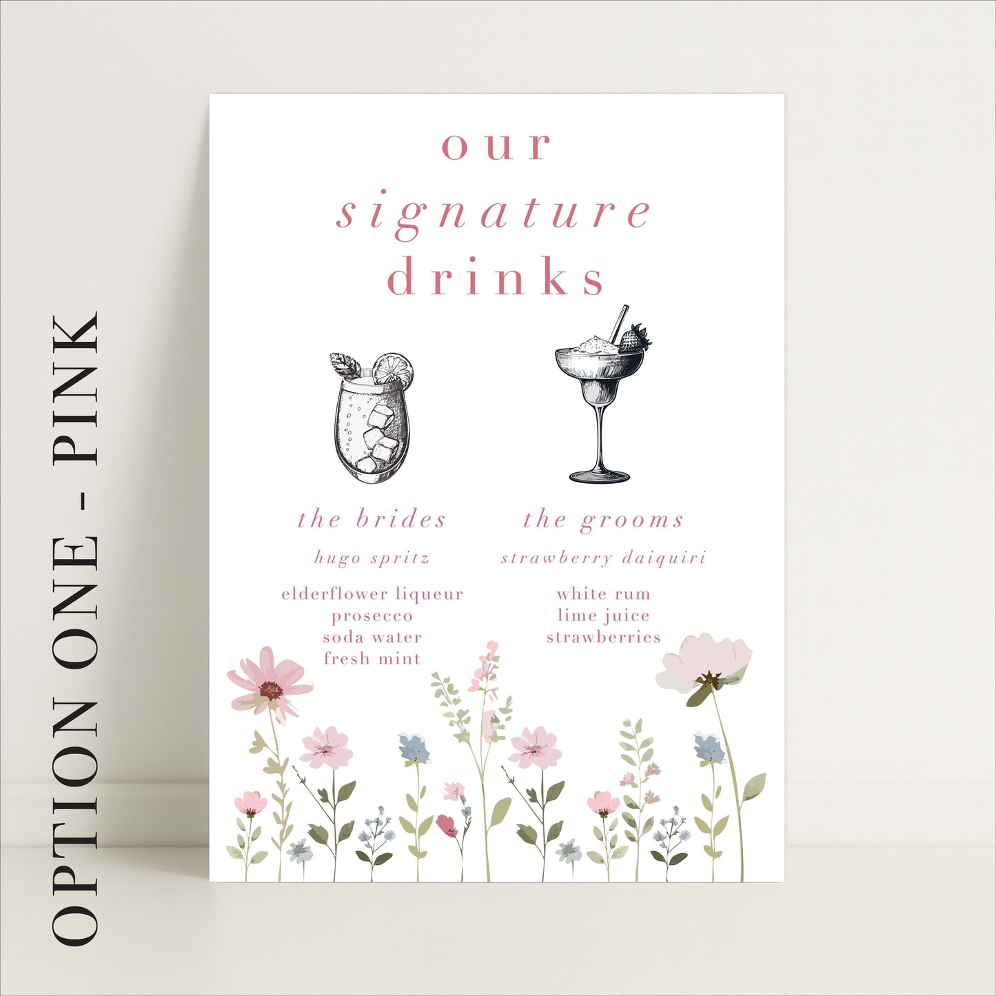 Ditsy Floral Wedding Bar Sign - Arched or Rectangle – Bar Menu, Signature Drinks, Personalised, Luxury –Made to order & designed in the UK