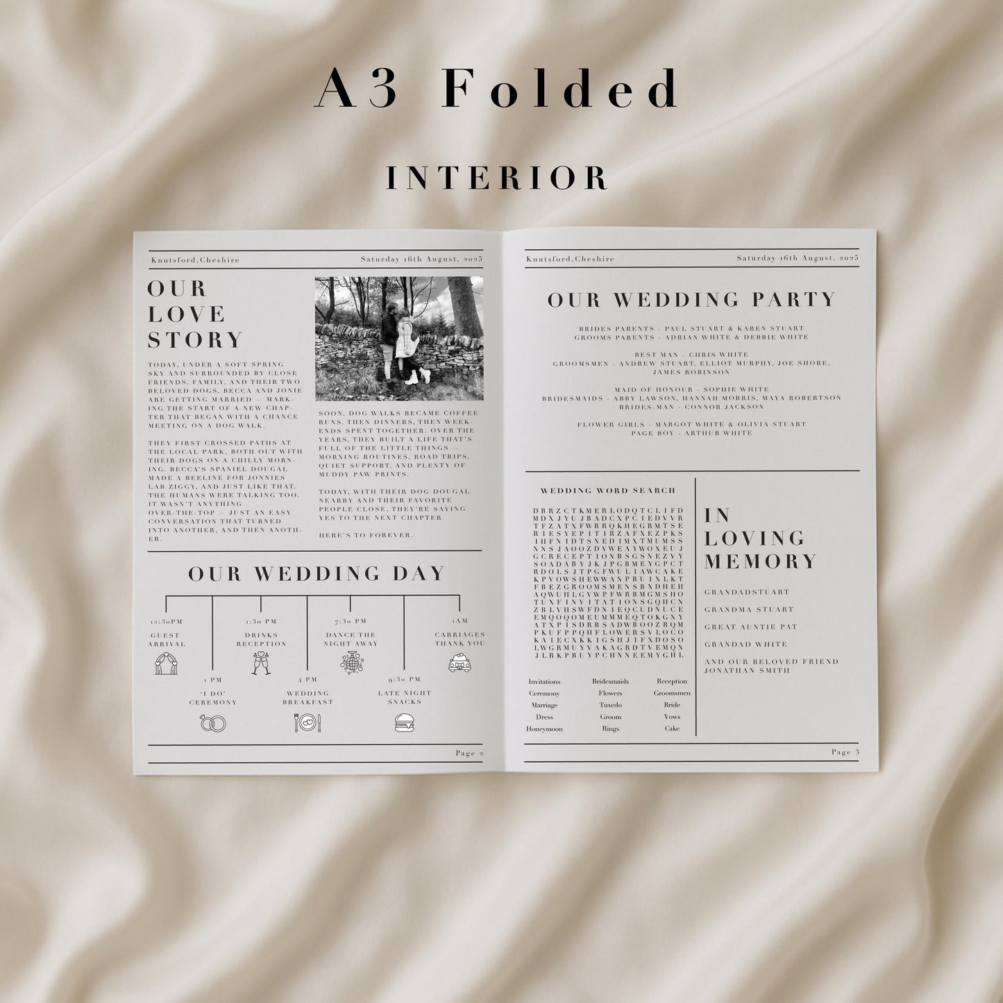 Personalised Wedding Newspaper - Wedding Favour, Order of the Day, Wedding Activity - Modern Aesthetic - Made to order & designed in the UK