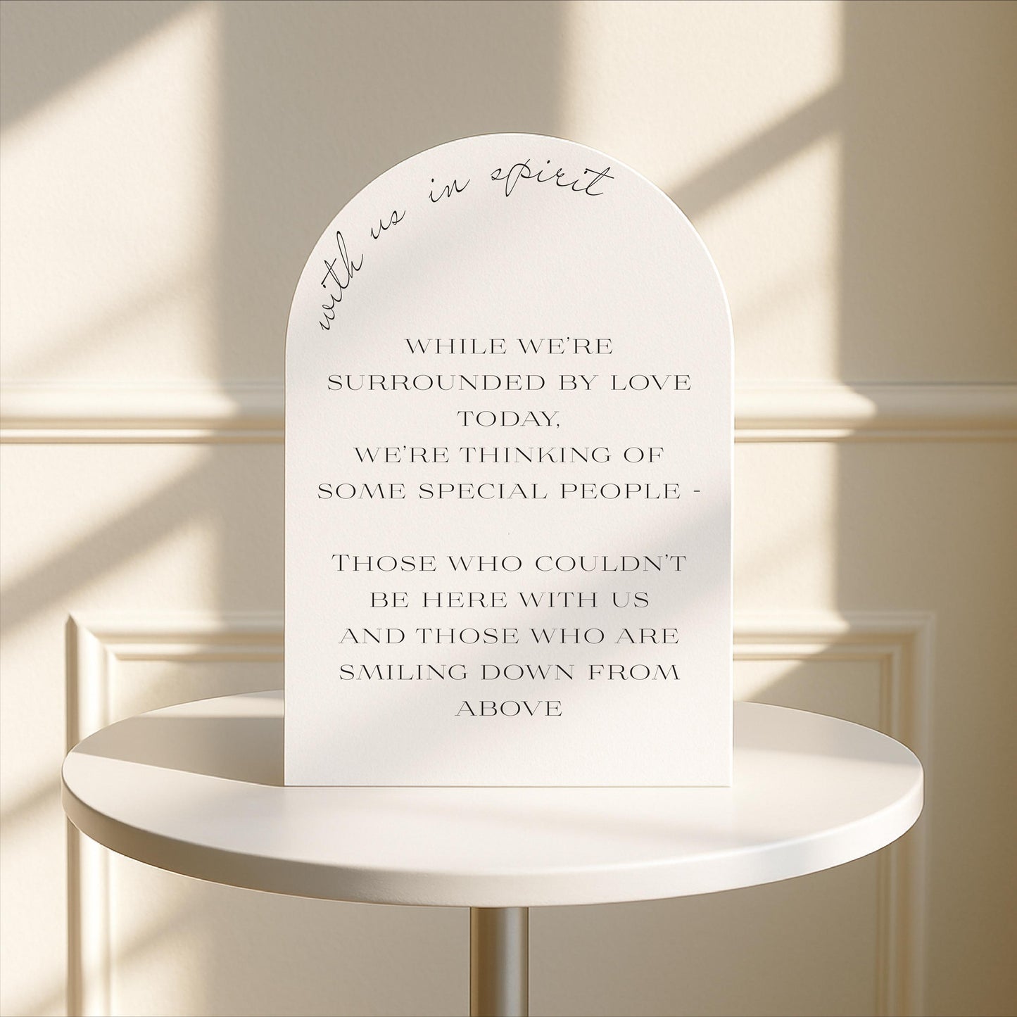 Minimalist Arched Wedding Memorial Sign 'With us in Spirit': Print at Home Digital Download - Wedding Sign, Wedding Details, In Memory Of - Designed in the UK