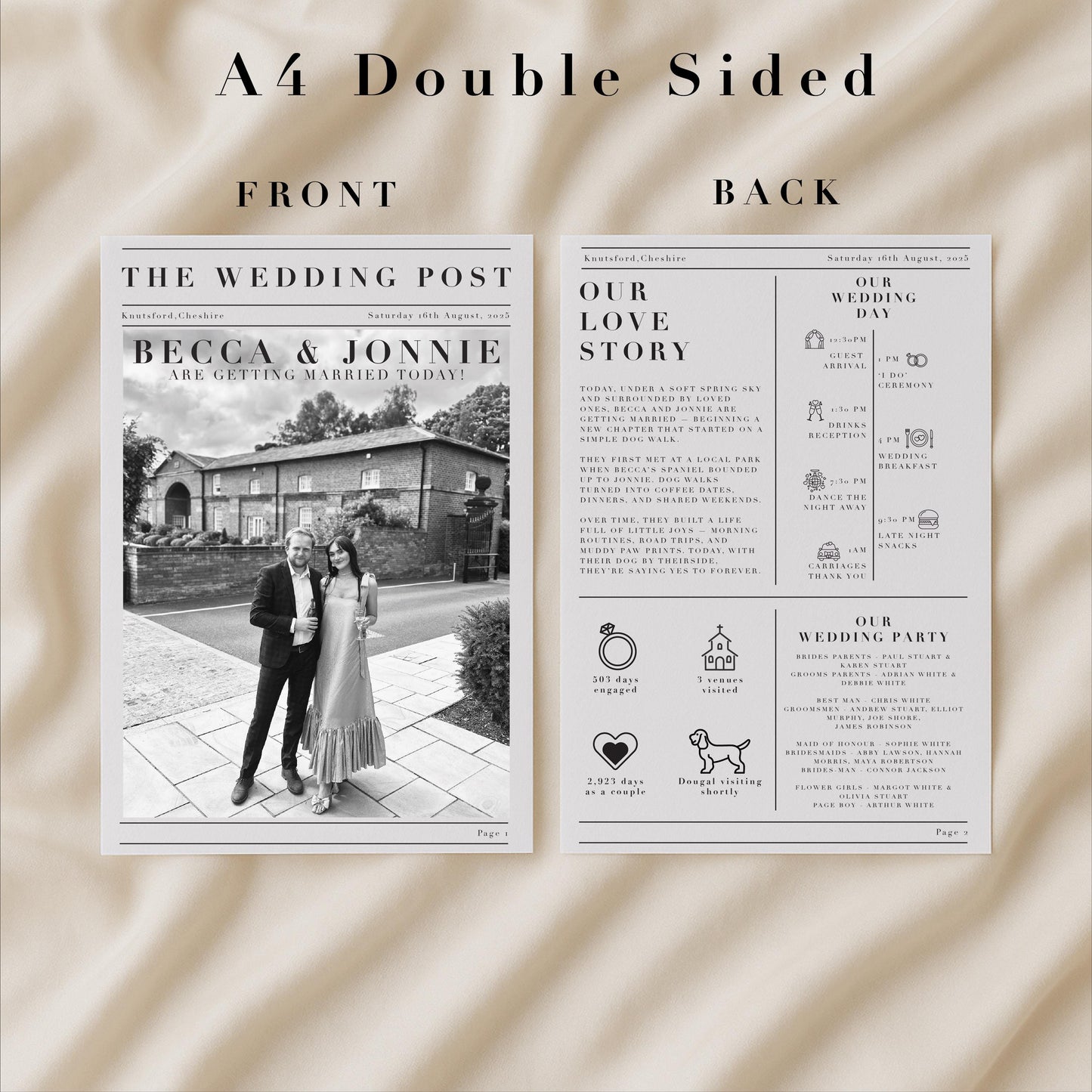 Personalised Wedding Newspaper - Wedding Favour, Order of the Day, Wedding Activity - Modern Aesthetic - Made to order & designed in the UK