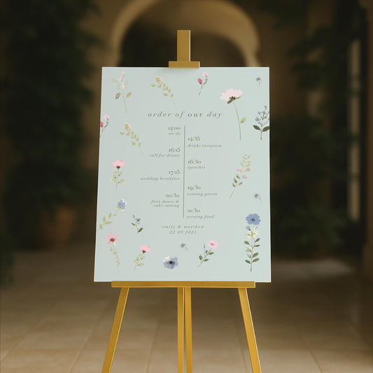 Ditsy Floral Wedding Timeline Sign – Vintage style - Personalised Sign, Made to Order in the UK