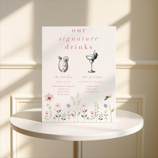 Ditsy Floral Wedding Bar Sign - Arched or Rectangle – Bar Menu, Signature Drinks, Personalised, Luxury –Made to order & designed in the UK