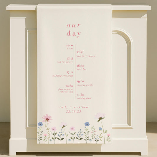 Ditsy Floral Fabric Wedding Timeline Sign – Canvas sign, Fabric Sign, Personalised, Order of the day – Made to order & designed in the UK