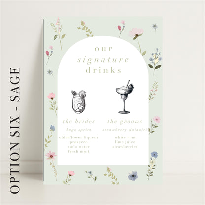 Floral Wedding Bar Sign – Bar Menu, Signature Drinks, Personalised sign, Luxury Sign, Wedding trends – Made to order & designed in the UK
