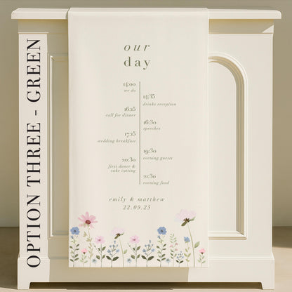 Ditsy Floral Fabric Wedding Timeline Sign – Canvas sign, Fabric Sign, Personalised, Order of the day – Made to order & designed in the UK
