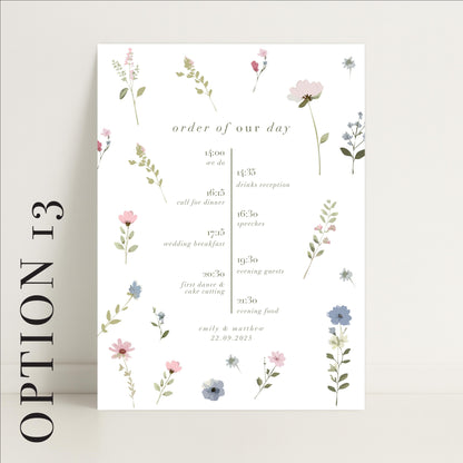 Ditsy Floral Wedding Timeline Sign – Vintage style - Personalised Sign, Made to Order in the UK
