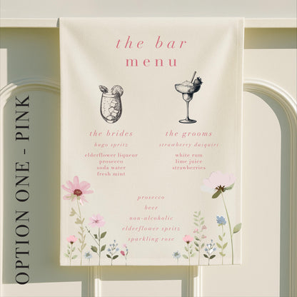 Personalised Ditsy Floral Fabric Wedding Bar Sign – Fabric Sign, Signature drinks, Vintage, Bar Menu - Made to order & designed in the UK