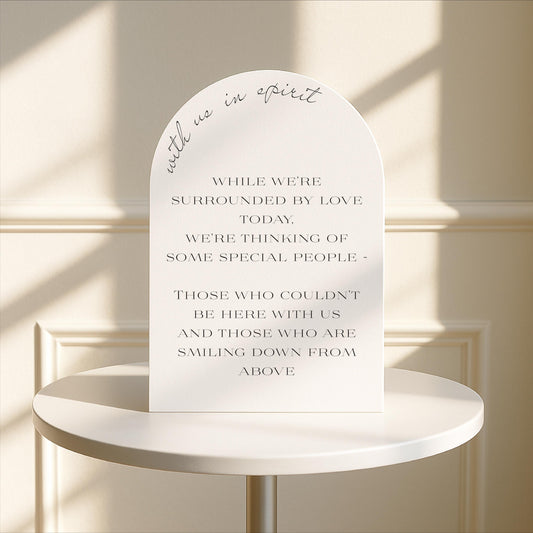 Minimalist Arched Wedding Memorial Sign 'With us in Spirit': Print at Home Digital Download - Wedding Sign, Wedding Details, In Memory Of - Designed in the UK