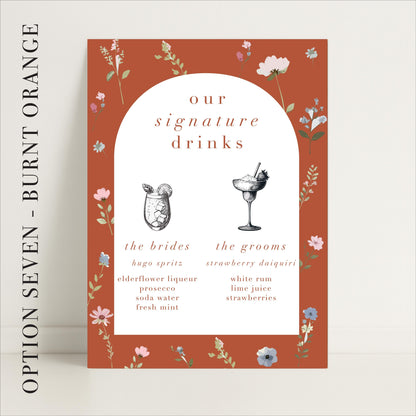 Floral Wedding Bar Sign – Bar Menu, Signature Drinks, Personalised sign, Luxury Sign, Wedding trends – Made to order & designed in the UK