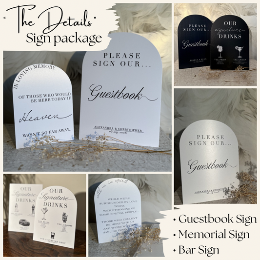 Personalised Wedding Sign Bundle ‘The Details’ – Guestbook Sign, Memorial Sign & Bar Sign, Modern Wedding Decor Foamex