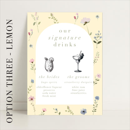 Floral Wedding Bar Sign – Bar Menu, Signature Drinks, Personalised sign, Luxury Sign, Wedding trends – Made to order & designed in the UK